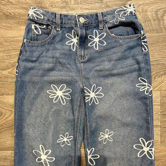 Justice Girls Wide Leg Flower SZ 16 Jeans Side Slit Y2K Floral Denim Daisy 70's - Picture 4 of 15